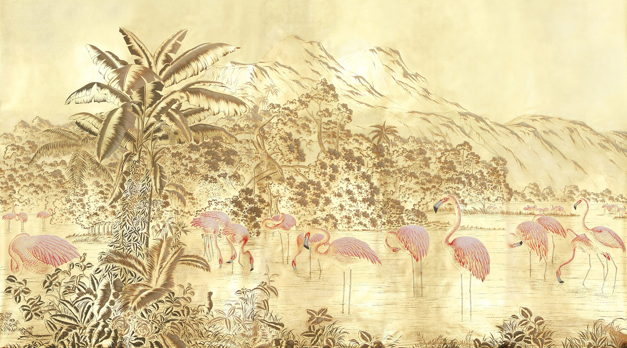Обои ручная роспись Flamingos Flamingo on Deep Rich Gold gilded paper Обои ручная роспись Flamingos Flamingo on Deep Rich Gold gilded paper - постер Loft-Concept в Омске
