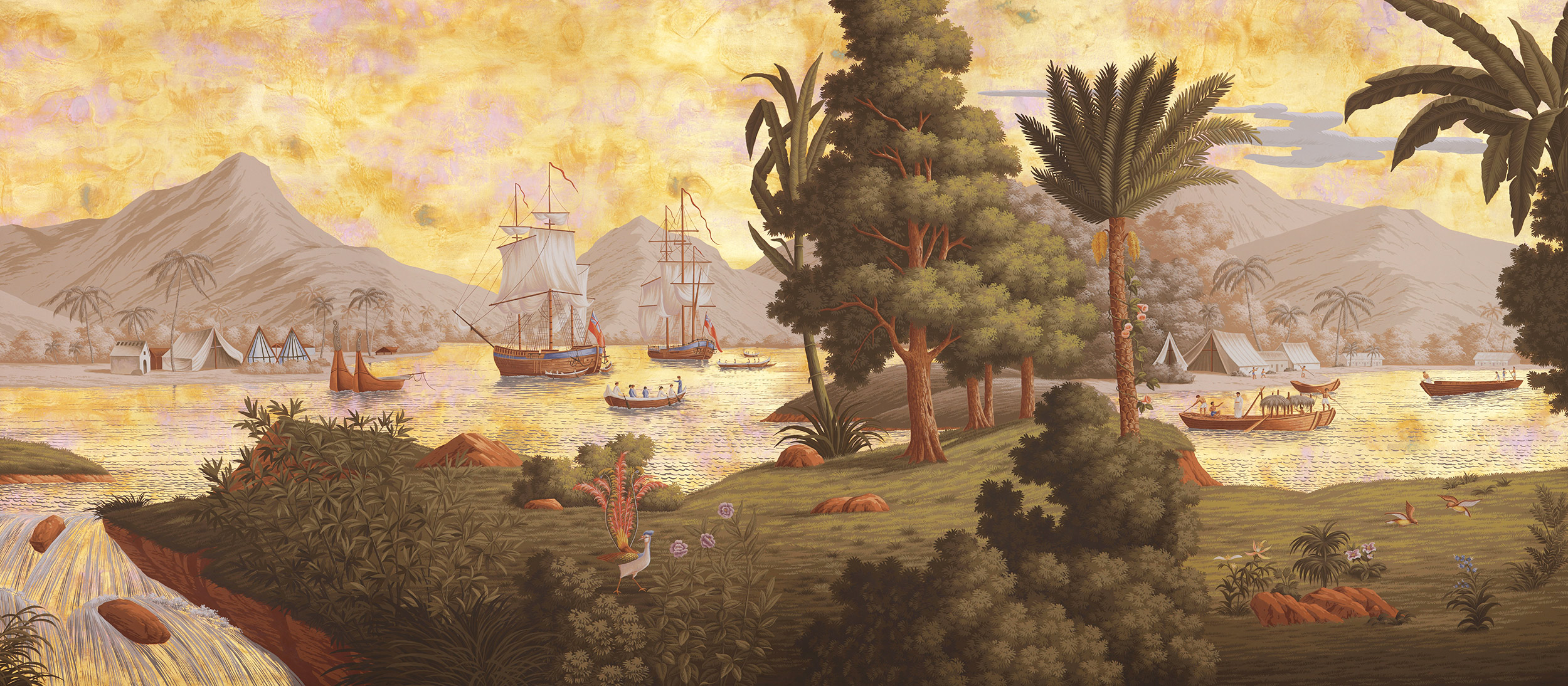 Обои ручная роспись Voyage of the Pacific Amarelo on Deep Rich Gold gilded paper with antiquing Обои ручная роспись Voyage of the Pacific Amarelo on Deep Rich Gold gilded paper with antiquing - постер Loft-Concept в Омске