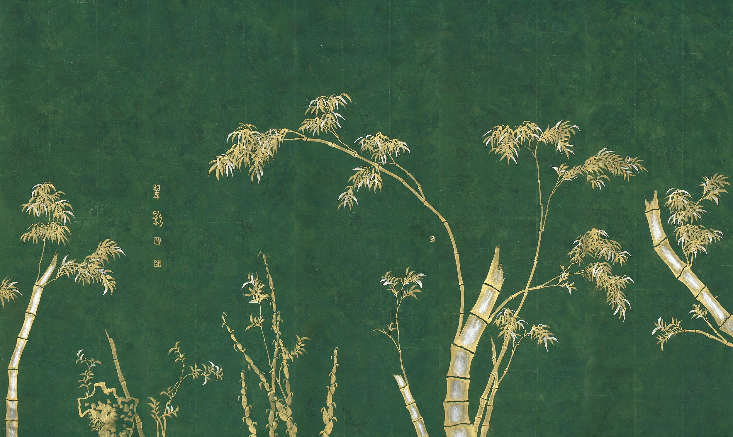Обои ручная роспись Bamboo Golden on Edo Green India tea paper Обои ручная роспись Bamboo Golden on Edo Green India tea paper - постер Loft-Concept в Омске