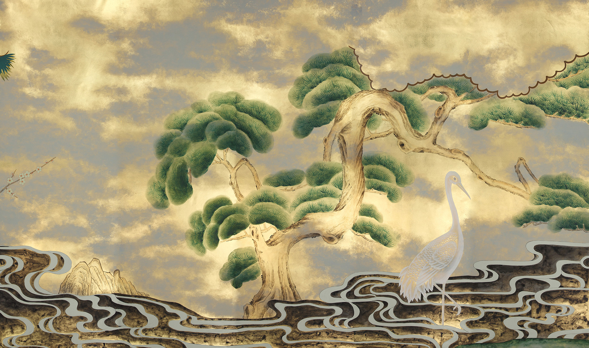 Обои ручная роспись Bamboo River Blossom Original colourway on Deep Rich Gold gilded paper with pearlescent antiquing Обои ручная роспись Bamboo River Blossom Original colourway on Deep Rich Gold gilded paper with pearlescent antiquing - постер Loft-Concept в Омске