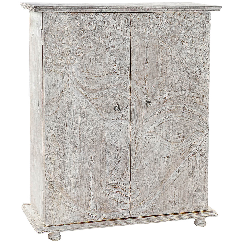 Комод деревянный с декорированным резными дверцами Buddha Chest of Drawers Белый Бежево-серый Комод деревянный с декорированным резными дверцами Buddha Chest of Drawers Белый Бежево-серый в Омске | Loft Concept
