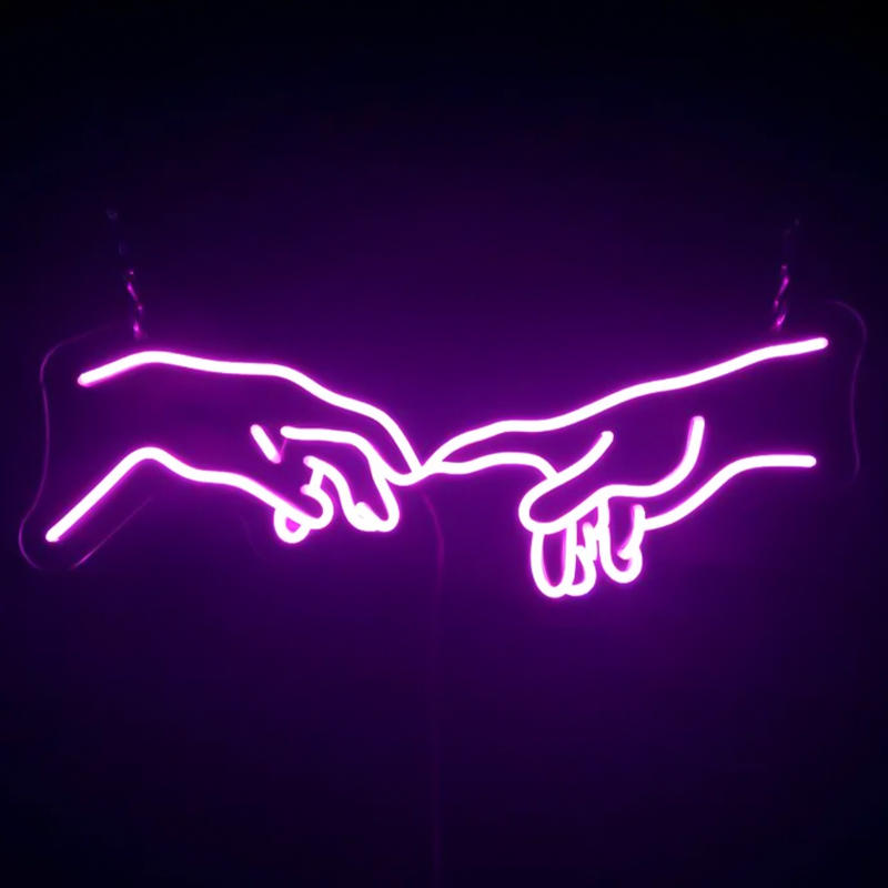 Неоновая настенная лампа Creation of Adam Hands Neon Wall Lamp Фиолетовый в Омске | Loft Concept 