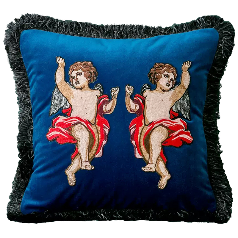 Декоративная подушка с вышивкой Стиль Gucci Angels Cushion Blue Синий Мульти в Омске | Loft Concept 