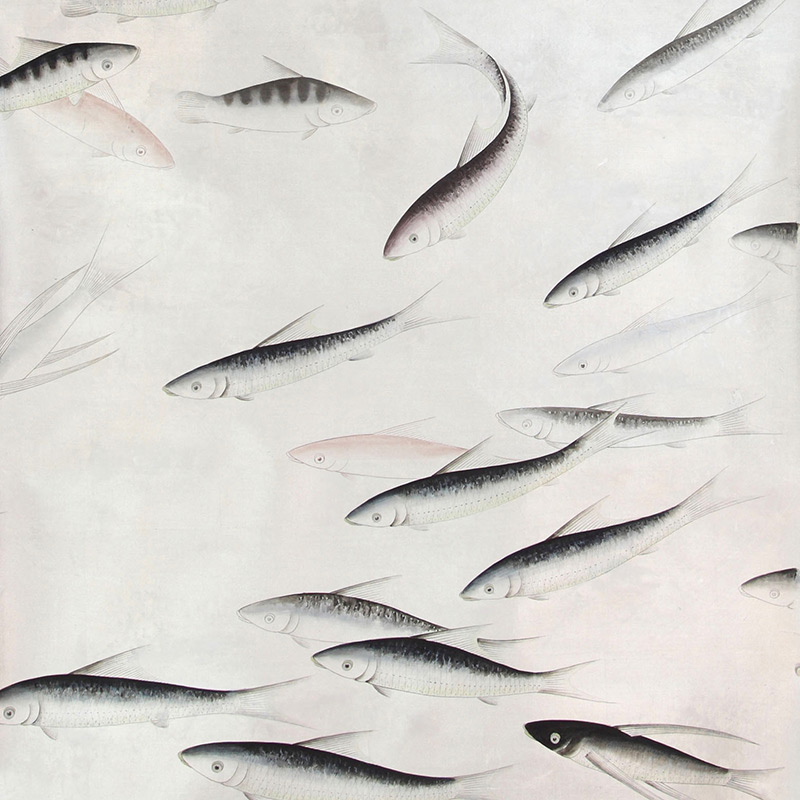 Обои ручная роспись Fishes Blue Pearl on Tarnished Silver gilded silk with pearlescent antiquing Обои ручная роспись Fishes Blue Pearl on Tarnished Silver gilded silk with pearlescent antiquing в Омске | Loft Concept
