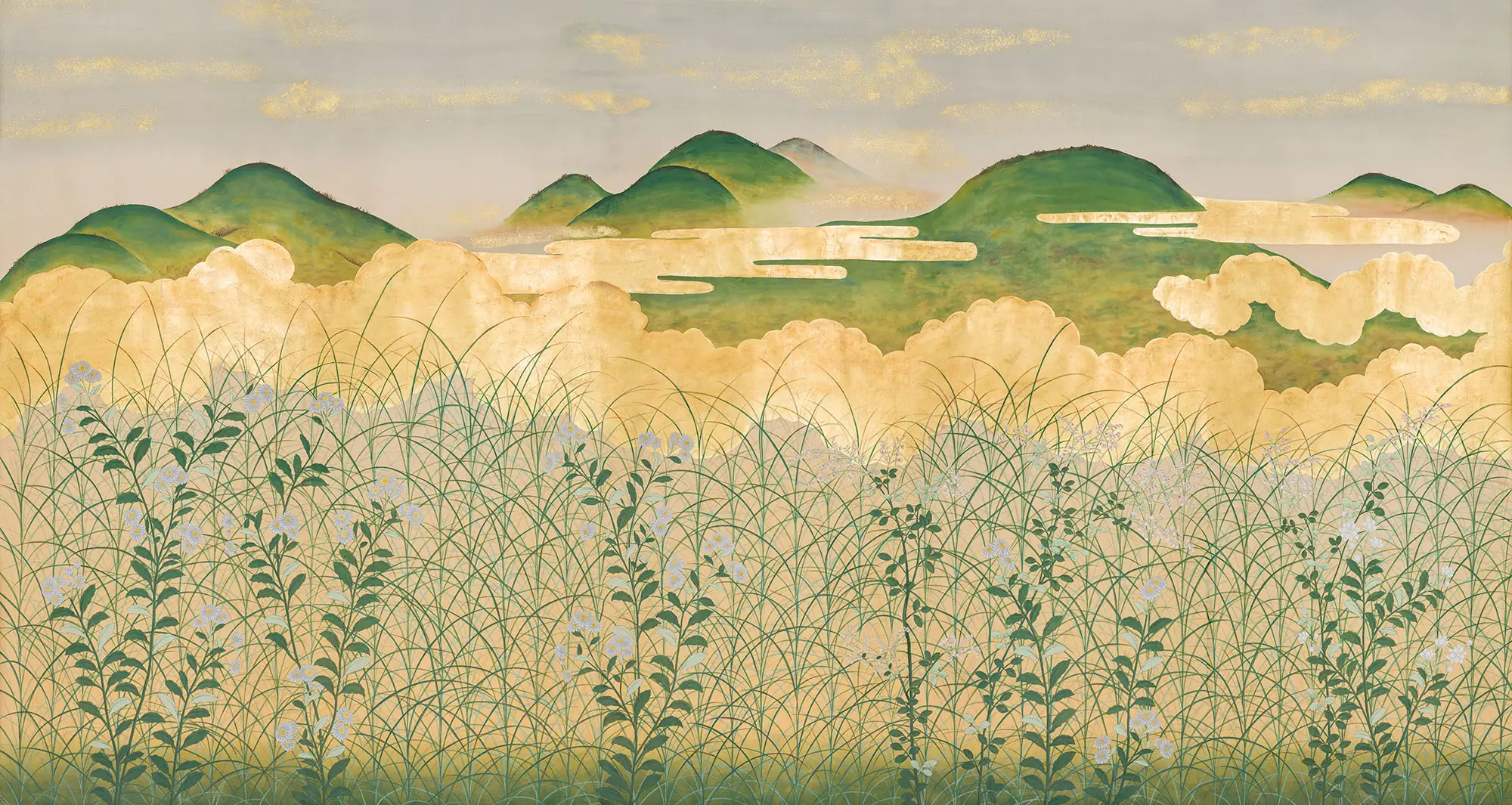 Обои ручная роспись The Plain of Musashi Original colourway on painted Xuan paper with gold ombre Обои ручная роспись The Plain of Musashi Original colourway on painted Xuan paper with gold ombre - постер Loft-Concept в Омске