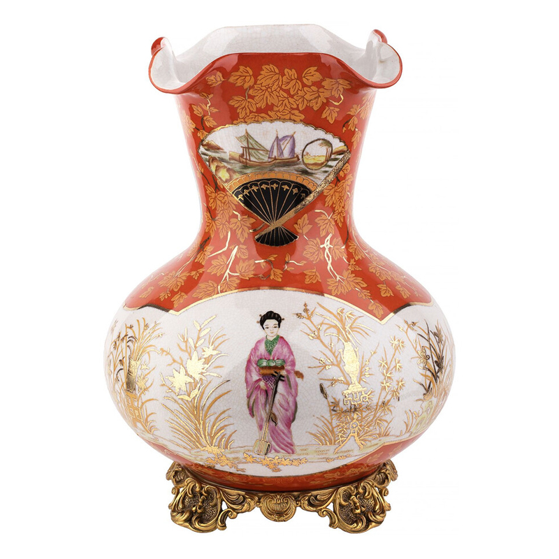 Ваза красного цвета с рисунком Chinoiserie Ceramics Белый Красный Бронза Ваза красного цвета с рисунком Chinoiserie Ceramics Белый Красный Бронза в Омске | Loft Concept