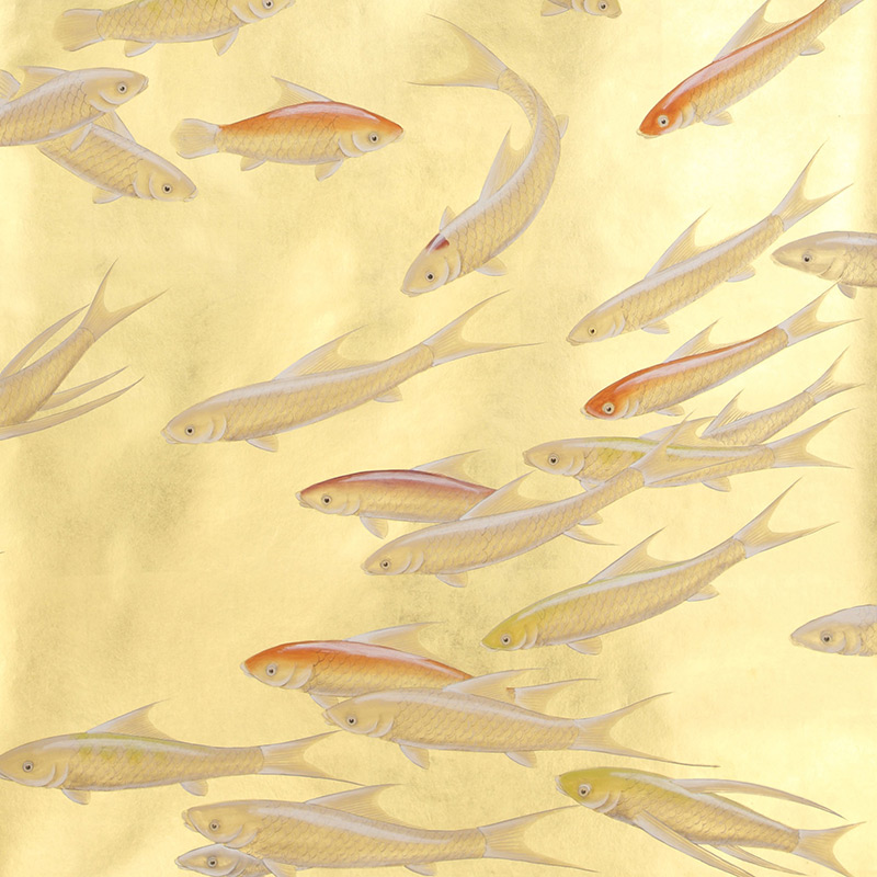 Обои ручная роспись Fishes Koi on Deep Rich Gold gilded paper  в Омске | Loft Concept 