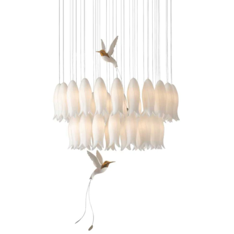 Люстра c Птичками Колибри Sagarti Pendant lamp ALBA Flowers & Birds Белый Золотой в Омске | Loft Concept 