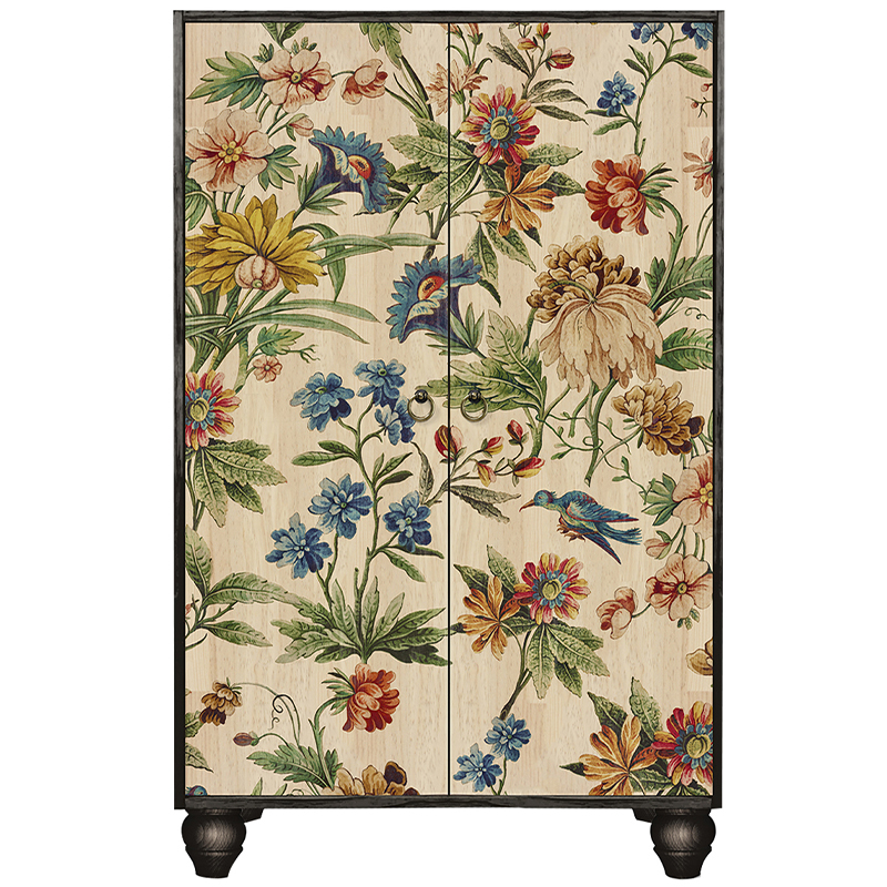 Шкаф с цветочным изображением на дверцах Floral Print Cabinet Мульти Черный Бежевый в Омске | Loft Concept 