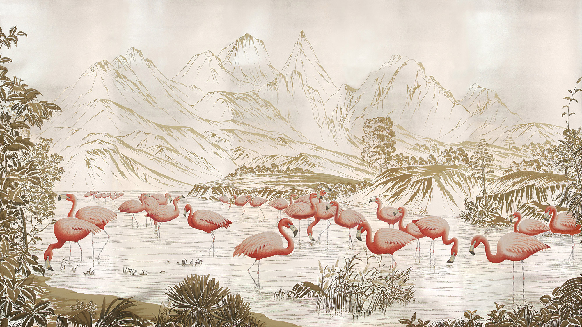 Обои ручная роспись Flamingos Flamingo on Tarnished Silver gilded Xuan paper Обои ручная роспись Flamingos Flamingo on Tarnished Silver gilded Xuan paper - постер Loft-Concept в Омске