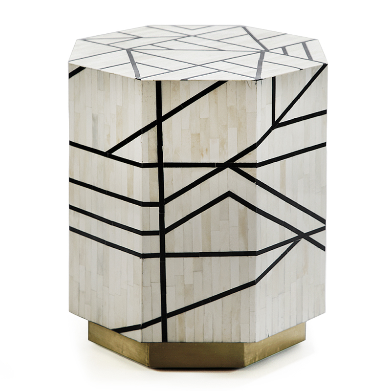 Приставной столик с инкрустацией Black and White Geometry bone bedside table ivory ( слоновая кость ) Черный в Омске | Loft Concept 