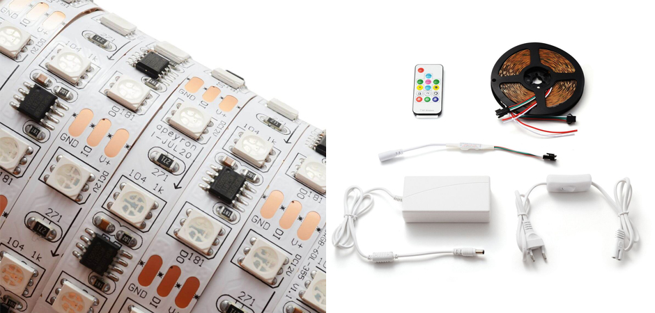 Комплект цифровой светодиодной ленты 14,4W/m 60Led/m 5050SMD разноцветная 5M - фото №1