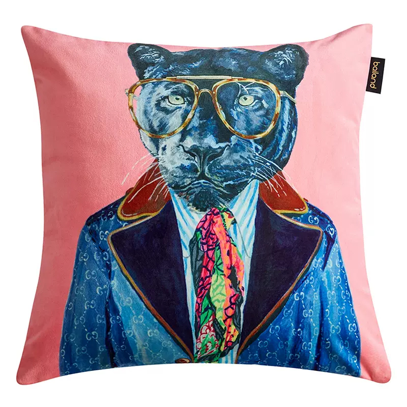 Декоративная подушка Стиль Gucci Panther Fashion Animals Cushion Pink Розовый Синий Мульти в Омске | Loft Concept 