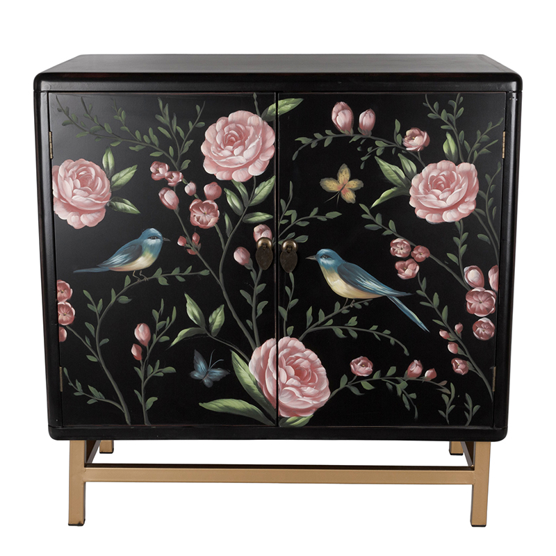 Комод с росписью птицы и цветы Black Chest Of Drawers Peonies Черный Черный Золотой Мульти в Омске | Loft Concept 