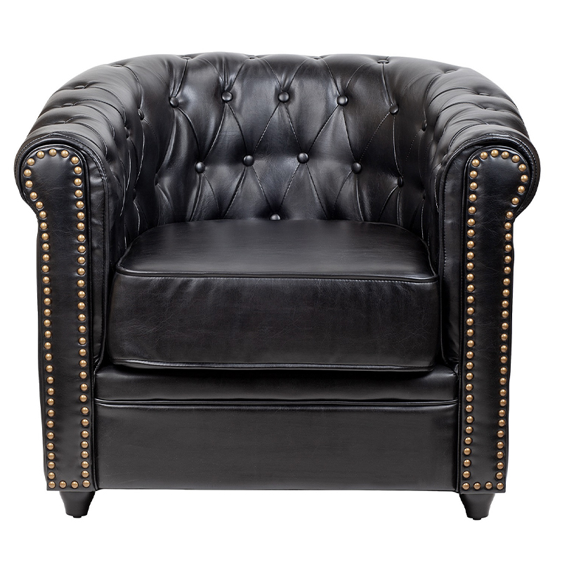 Кресло кожаное с мягкими подлокотниками на 4-х деревянных ножках Logan Leather Armchair black Черный в Омске | Loft Concept 