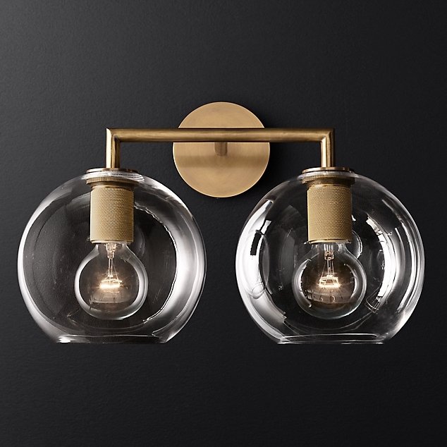 Бра RH Utilitaire Globe Shade Double Sconce Brass Прозрачное Стекло Латунь в Омске | Loft Concept 