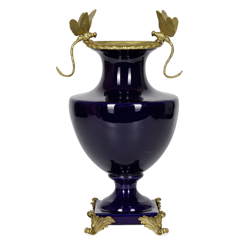 Ваза темно-синего цвета из фарфора с бронзовыми стрекозами Eden Garden porcelain and bronze Темно-синий Бронза Ваза темно-синего цвета из фарфора с бронзовыми стрекозами Eden Garden porcelain and bronze Темно-синий Бронза в Омске | Loft Concept
