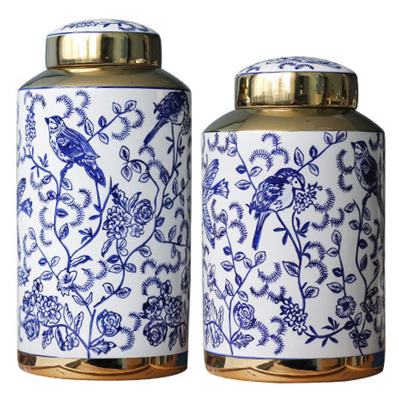 Вазы Ceramic Oriental Blue Ornament Birds Vases Синий Белый Золотой в Омске | Loft Concept 