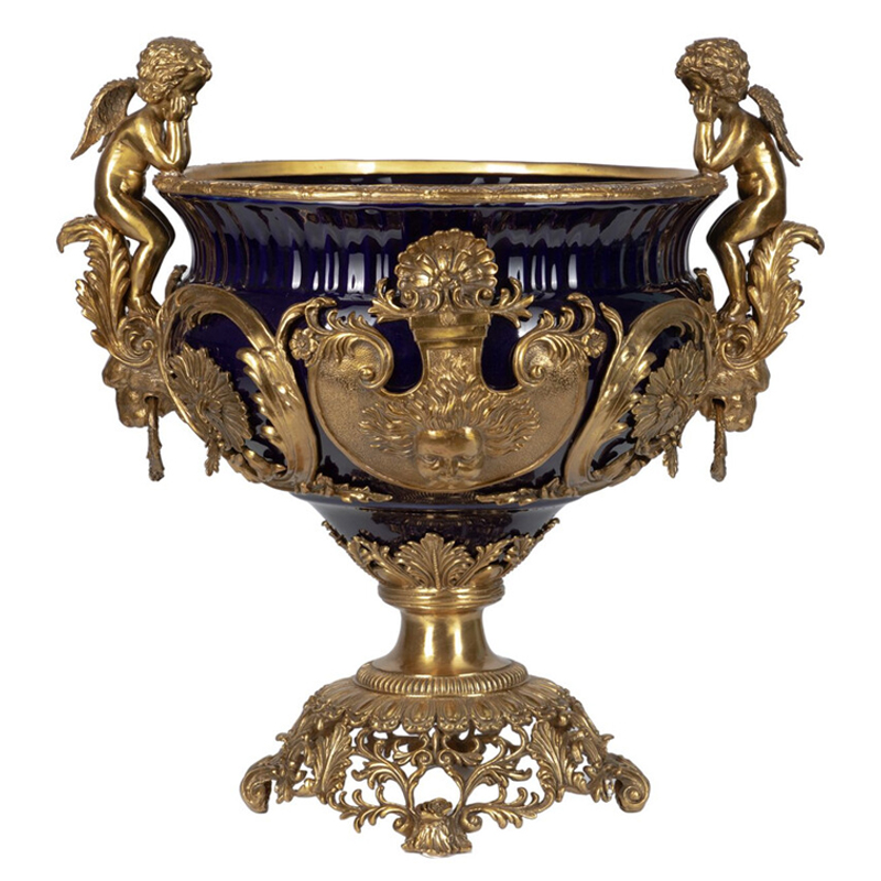 Чаша темно-синего цвета с фигурками ангелов и рельефным декором Eden Garden porcelain and bronze Темно-синий Бронза Чаша темно-синего цвета с фигурками ангелов и рельефным декором Eden Garden porcelain and bronze Темно-синий Бронза в Омске | Loft Concept