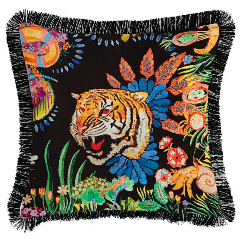 Декоративная подушка Cтиль Gucci Flower Tiger Черный Мульти в Омске | Loft Concept 