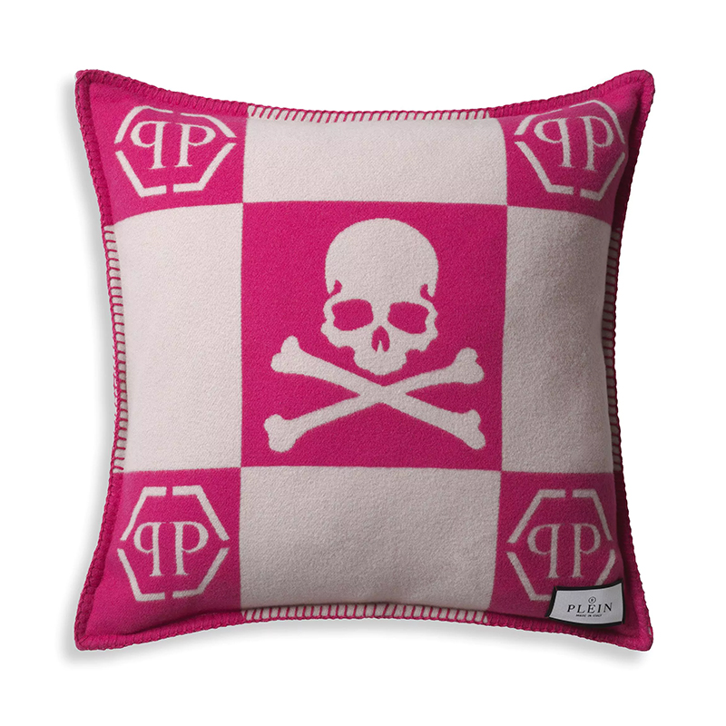 Подушка Philipp Plein Cushion Cashmere Skull 45 x 45 Pink Розовый Белый в Омске | Loft Concept 