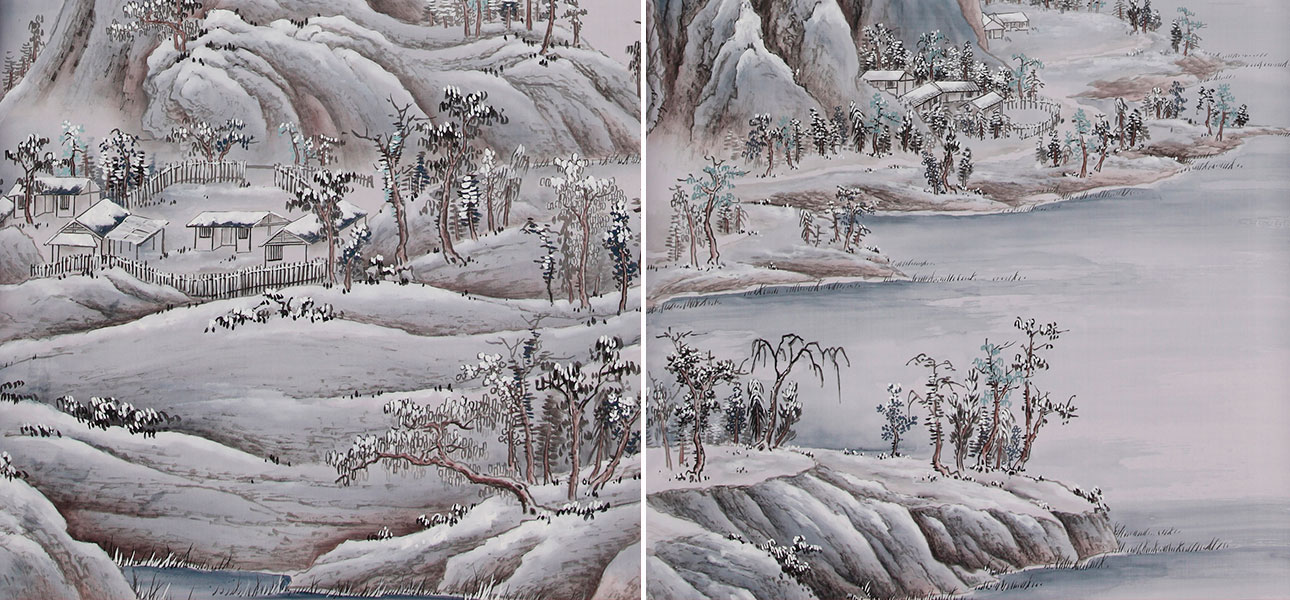 Обои ручная роспись A Thousand Li of Rivers and Mountains Special Colourway on Lilac Hint dyed silk - фото