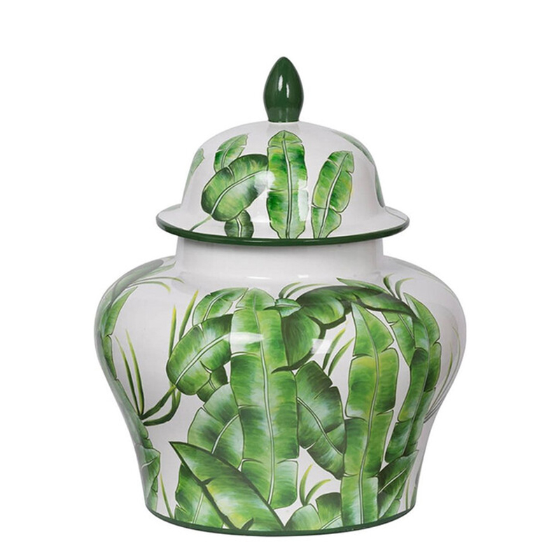 Ваза с зелёными листьями и крышкой Vase Green Leaves Белый Зеленый в Омске | Loft Concept 