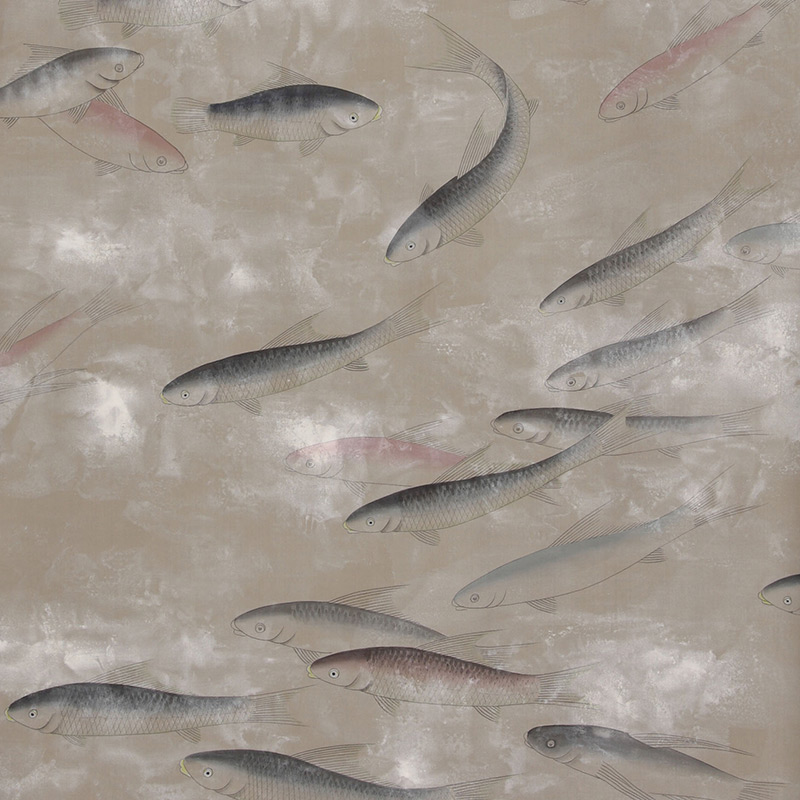 Обои ручная роспись Fishes Blue Pearl on Lead Grey dyed silk with antiquing  в Омске | Loft Concept 