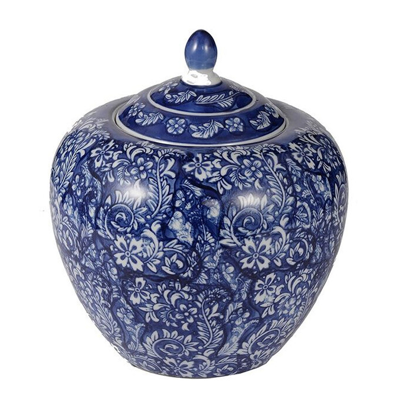 Ваза округлой формы с синей росписью и цветочным узором Blue & White Ornament Белый Синий Ваза округлой формы с синей росписью и цветочным узором Blue & White Ornament Белый Синий в Омске | Loft Concept