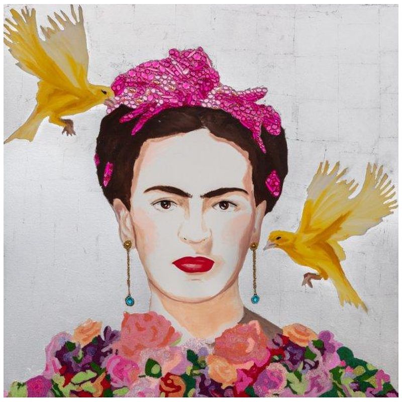 Картина Frida with Yellow Flying Parakeets, Flower Bouquet Dress and Silver Leaf Background Мульти Картина Frida with Yellow Flying Parakeets, Flower Bouquet Dress and Silver Leaf Background Мульти в Омске | Loft Concept
