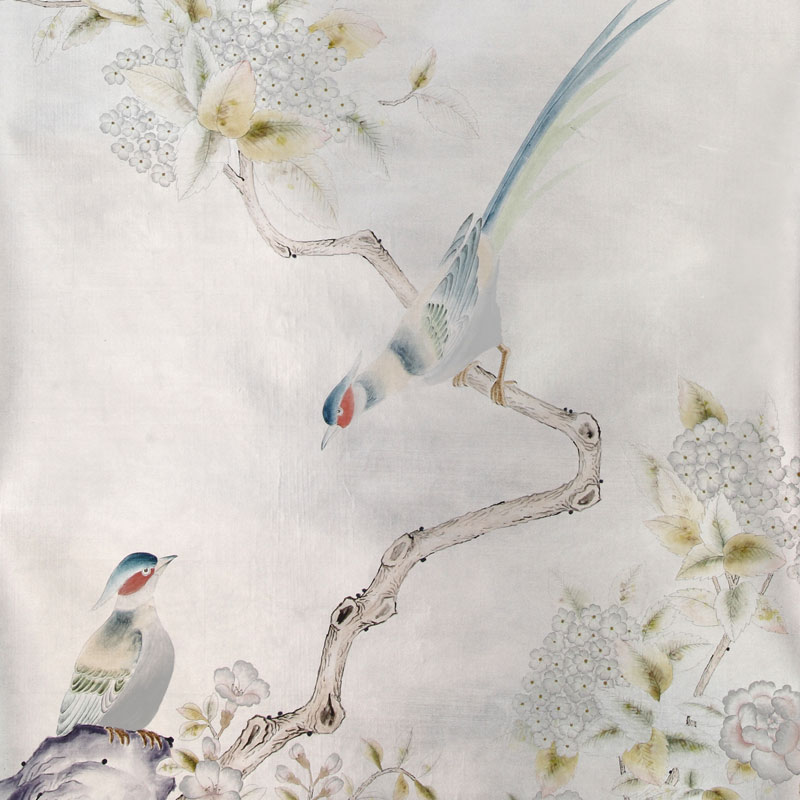 Обои ручная роспись Japanese Garden Special Colourway on Ocean Silver gilded silk  в Омске | Loft Concept 