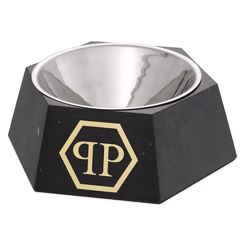 Миска для корма Philipp Plein Dog Food bowl Nice XL Black Черный Мрамор Nero Сталь Золотой в Омске | Loft Concept 