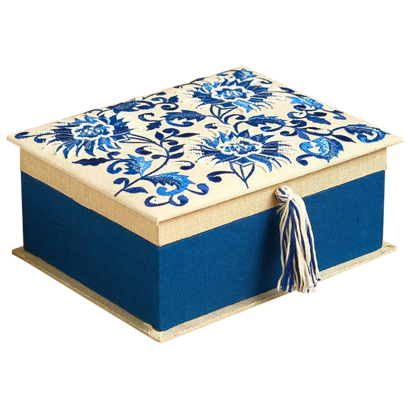 Шкатулка с вышивкой Blue Flowers Beads Embroidery Box Бежевый Синий Голубой в Омске | Loft Concept 