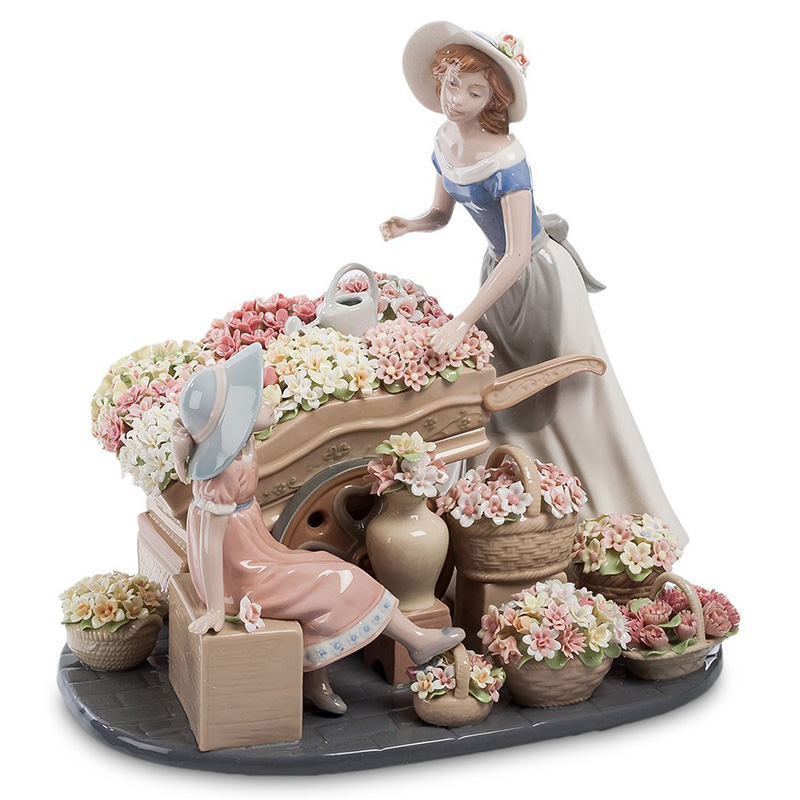 Статуэтка фарфоровая Девушка и маленькая девочка с цветами Charming Statuette Белый Розовый Серо-голубой Зеленый Бежевый Серый в Омске | Loft Concept 