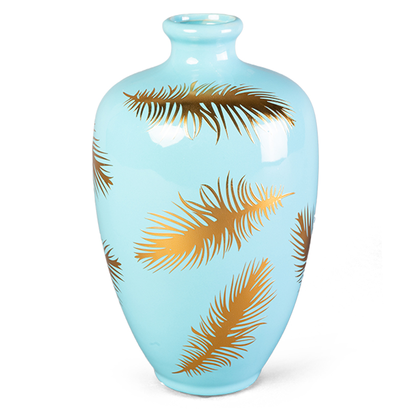 Ваза Gold feathers on blue Vase 25 Голубой Глянцевое золото в Омске | Loft Concept 