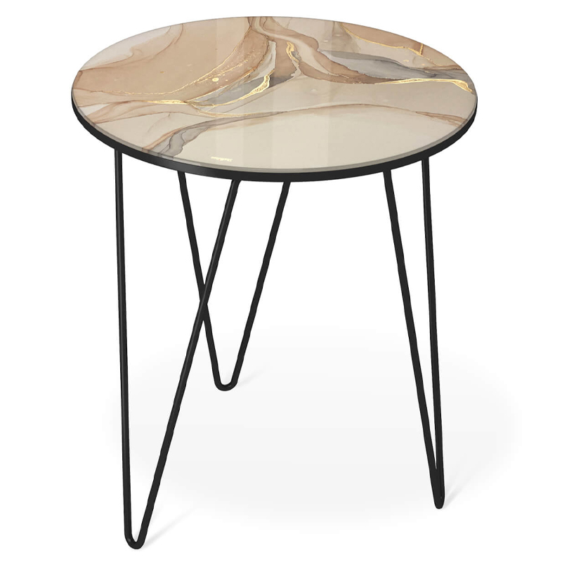 Стол журнальный с круглой столешницей из стекла на 3-х черных ножках Beige Marble Черный Бежевый Стол журнальный с круглой столешницей из стекла на 3-х черных ножках Beige Marble Черный Бежевый в Омске | Loft Concept