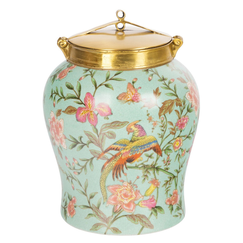 Ваза округлой формы из фарфора с рисунком и бронзовой крышкой Turquoise Blooming Garden Мульти Бронза Бирюзовый Ваза округлой формы из фарфора с рисунком и бронзовой крышкой Turquoise Blooming Garden Мульти Бронза Бирюзовый в Омске | Loft Concept