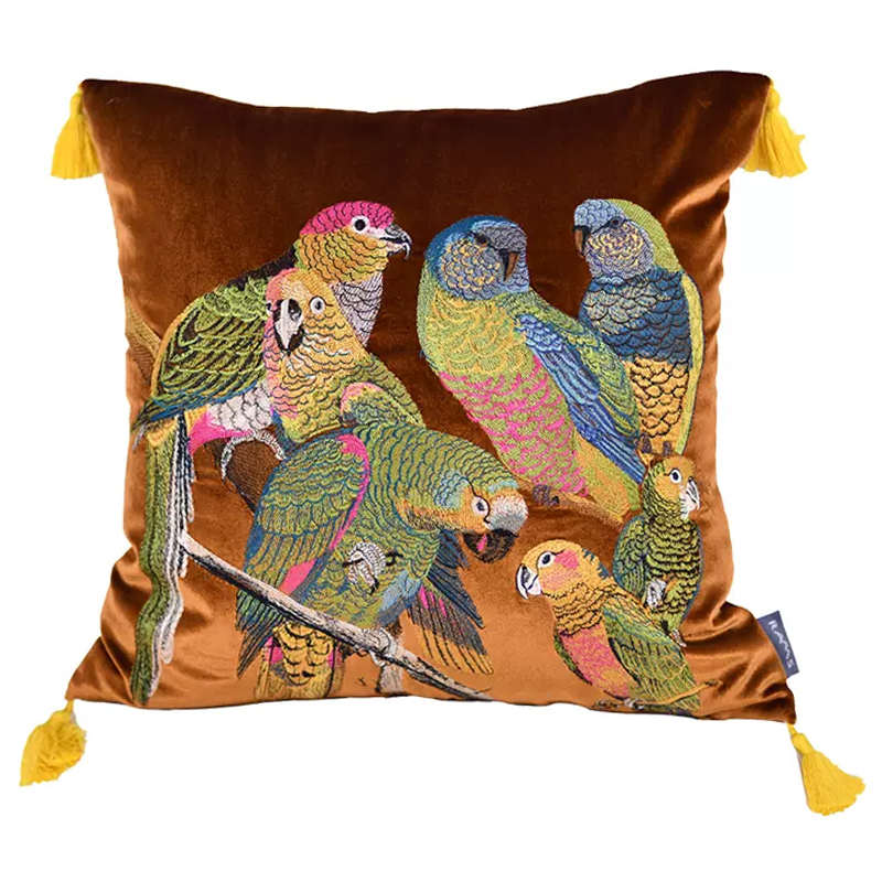 Декоративная подушка с вышивкой Embroidery Parrots Pillow Brown Коричневый Мульти в Омске | Loft Concept 