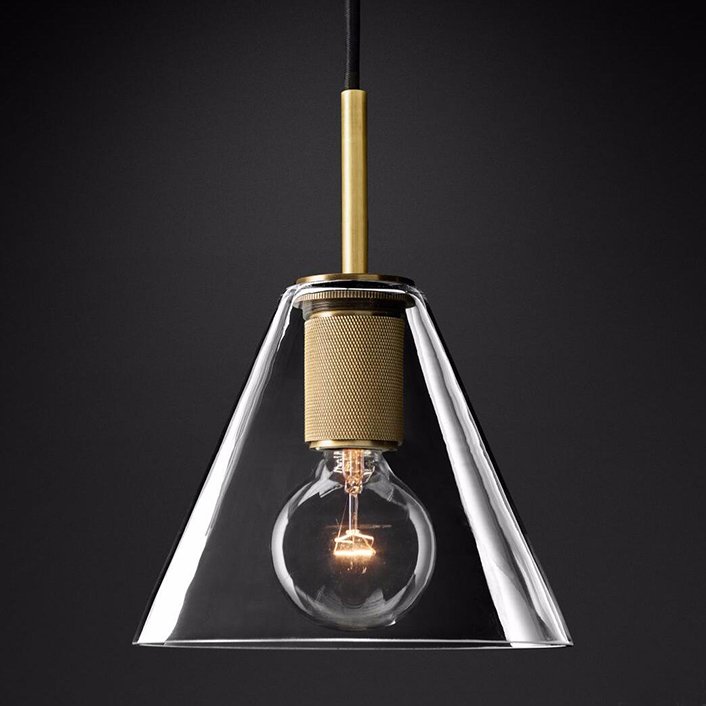 Подвесной светильник RH Utilitaire Funnel Pendant Brass Латунь Прозрачное Стекло в Омске | Loft Concept 