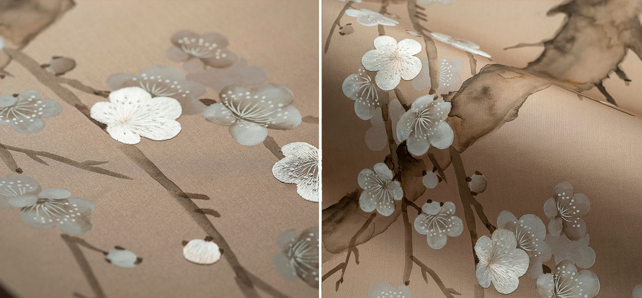 Обои ручная роспись Plum Blossom Colourway SC-232 on Lead Grey dyed silk - фото
