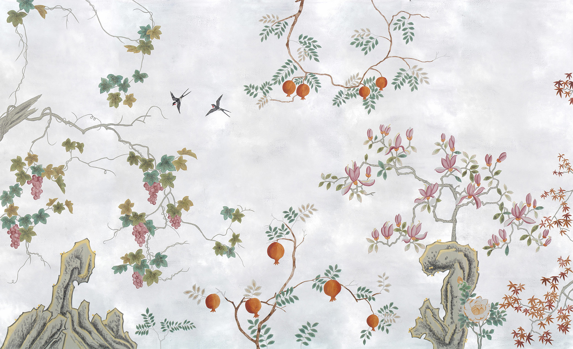 Обои ручная роспись Summer Night Blossom Original colourway on Ocean Silver gilded paper Обои ручная роспись Summer Night Blossom Original colourway on Ocean Silver gilded paper - постер Loft-Concept в Омске