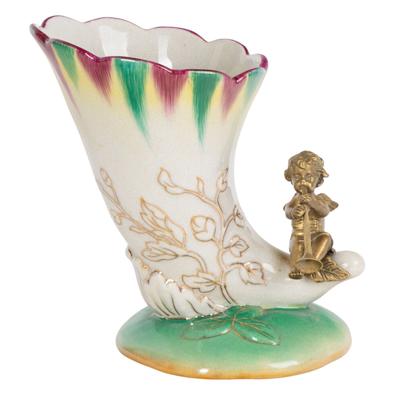 Ваза из фарфора с бронзовой фигуркой ангела Eden Garden porcelain and bronze Зеленый Бронза Белый в Омске | Loft Concept 