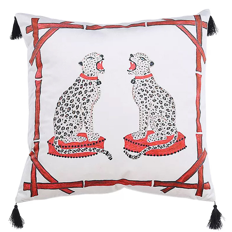 Декоративная подушка Стиль Gucci Two Cheetahs Cushion Белый Красный Черный в Омске | Loft Concept 