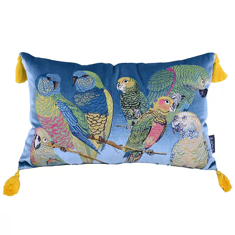 Декоративная подушка с вышивкой Embroidery Parrots Long Pillow Blue Голубой Мульти в Омске | Loft Concept 