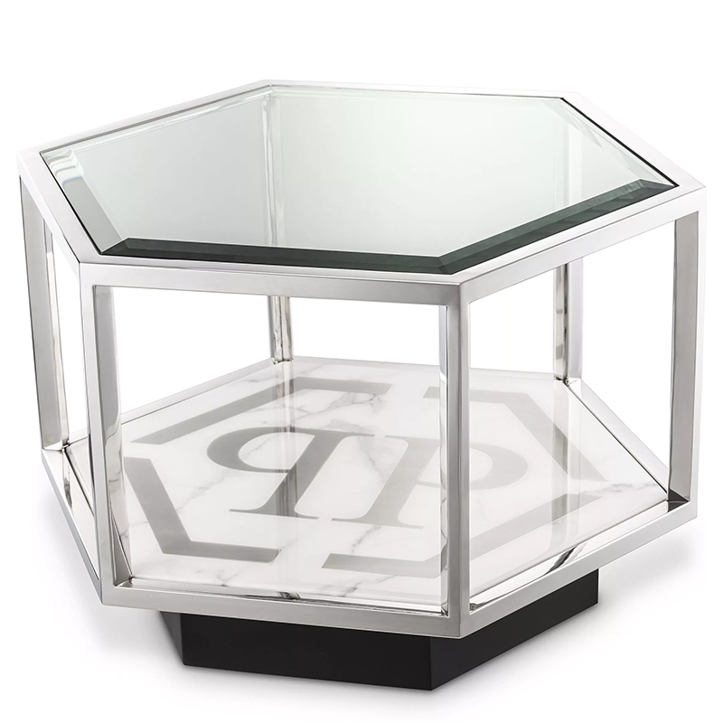 Приставной стол Philipp Plein Side Table Falcon View Chrome Хром Белый Мрамор Bianco Серый Черный Прозрачное Стекло в Омске | Loft Concept 