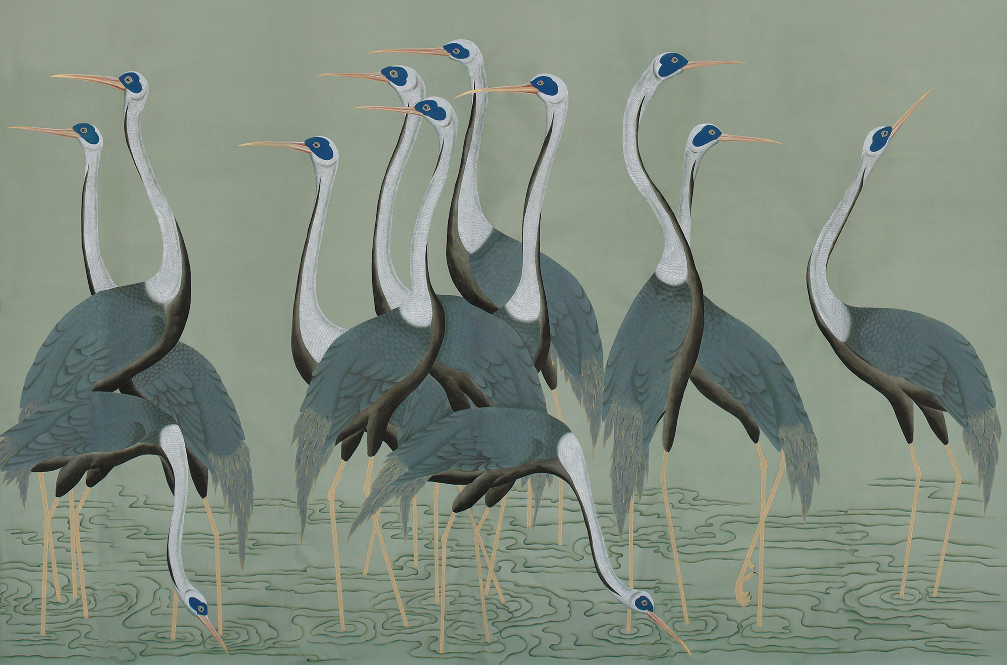 Обои ручная роспись Sarus Cranes Colourway SC-206 on Blue Grey dyed silk Обои ручная роспись Sarus Cranes Colourway SC-206 on Blue Grey dyed silk - постер Loft-Concept в Омске