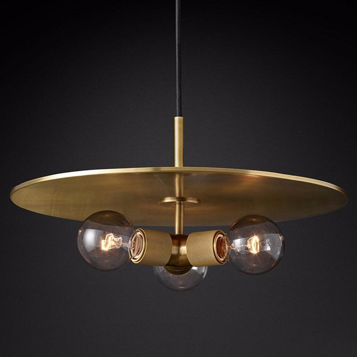 Люстра RH Utilitaire Disk Triple Pendant Brass Латунь Прозрачное Стекло в Омске | Loft Concept 