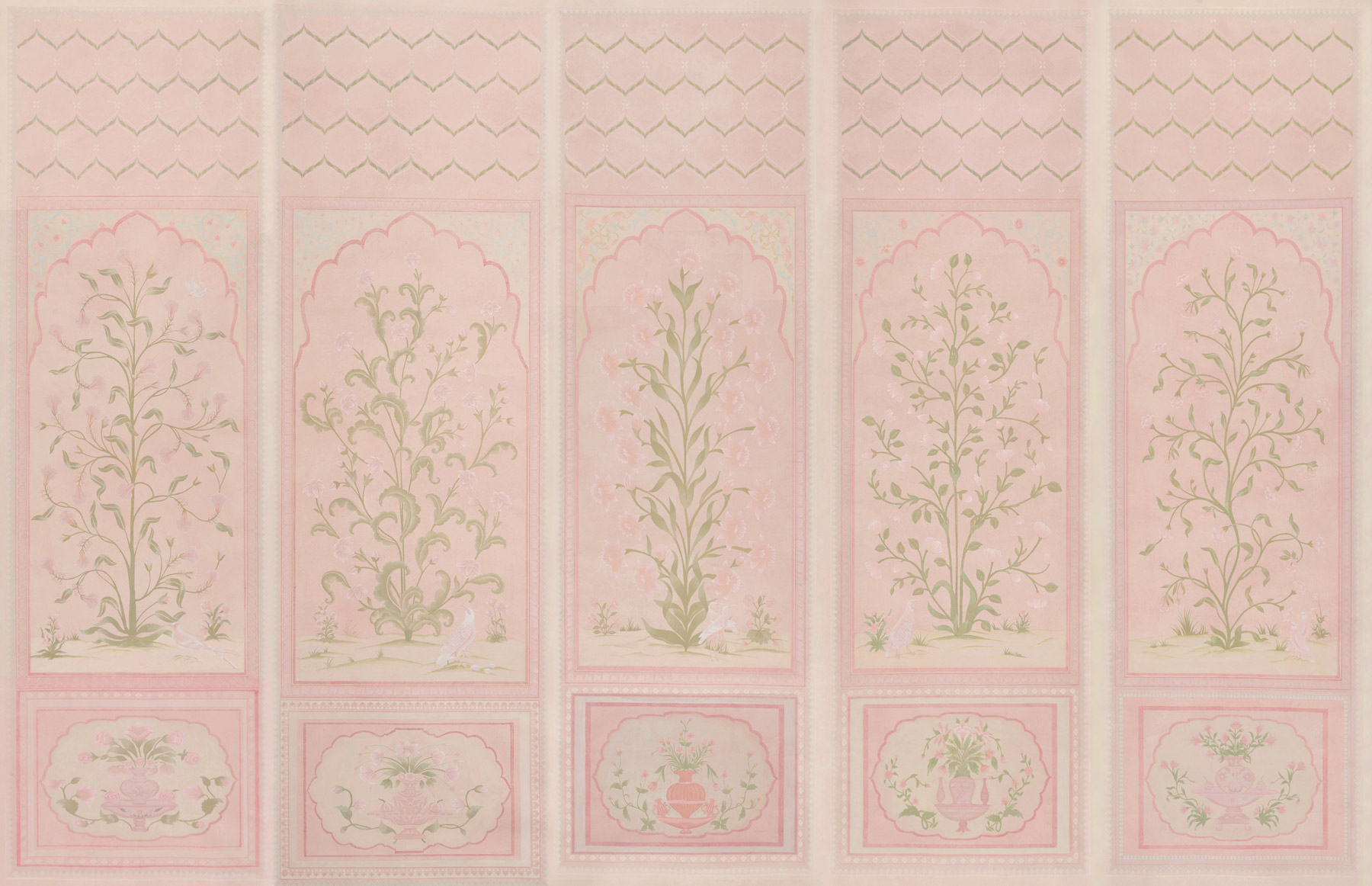 Обои ручная роспись Jharokha Arches Original colourway on pink painted Xuan paper Обои ручная роспись Jharokha Arches Original colourway on pink painted Xuan paper - постер Loft-Concept в Омске