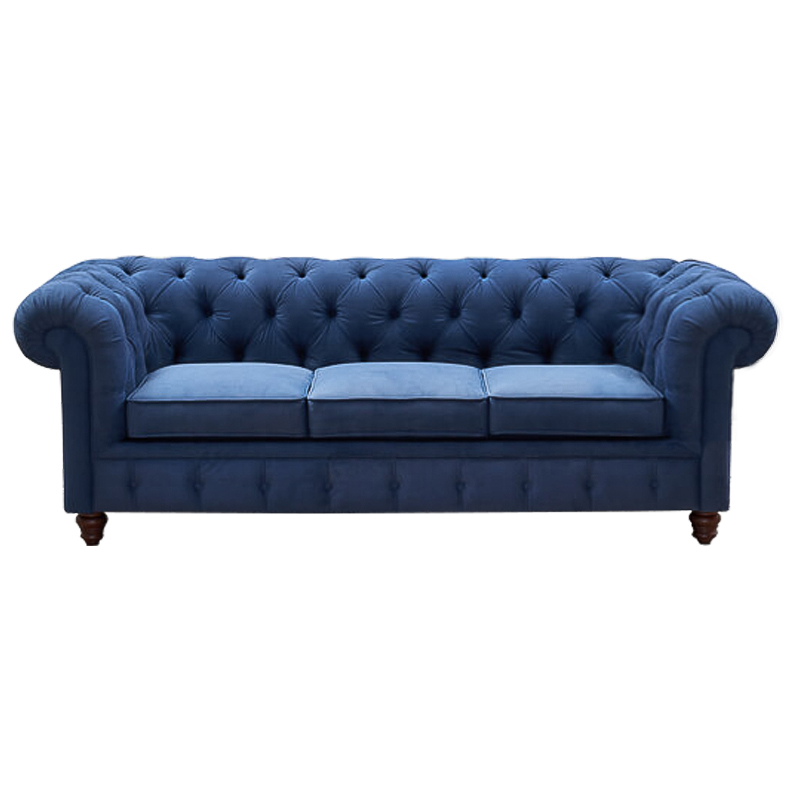 Диван Mini Kensington Sofa triple blue velor Сапфирово-синий Коричневый в Омске | Loft Concept 