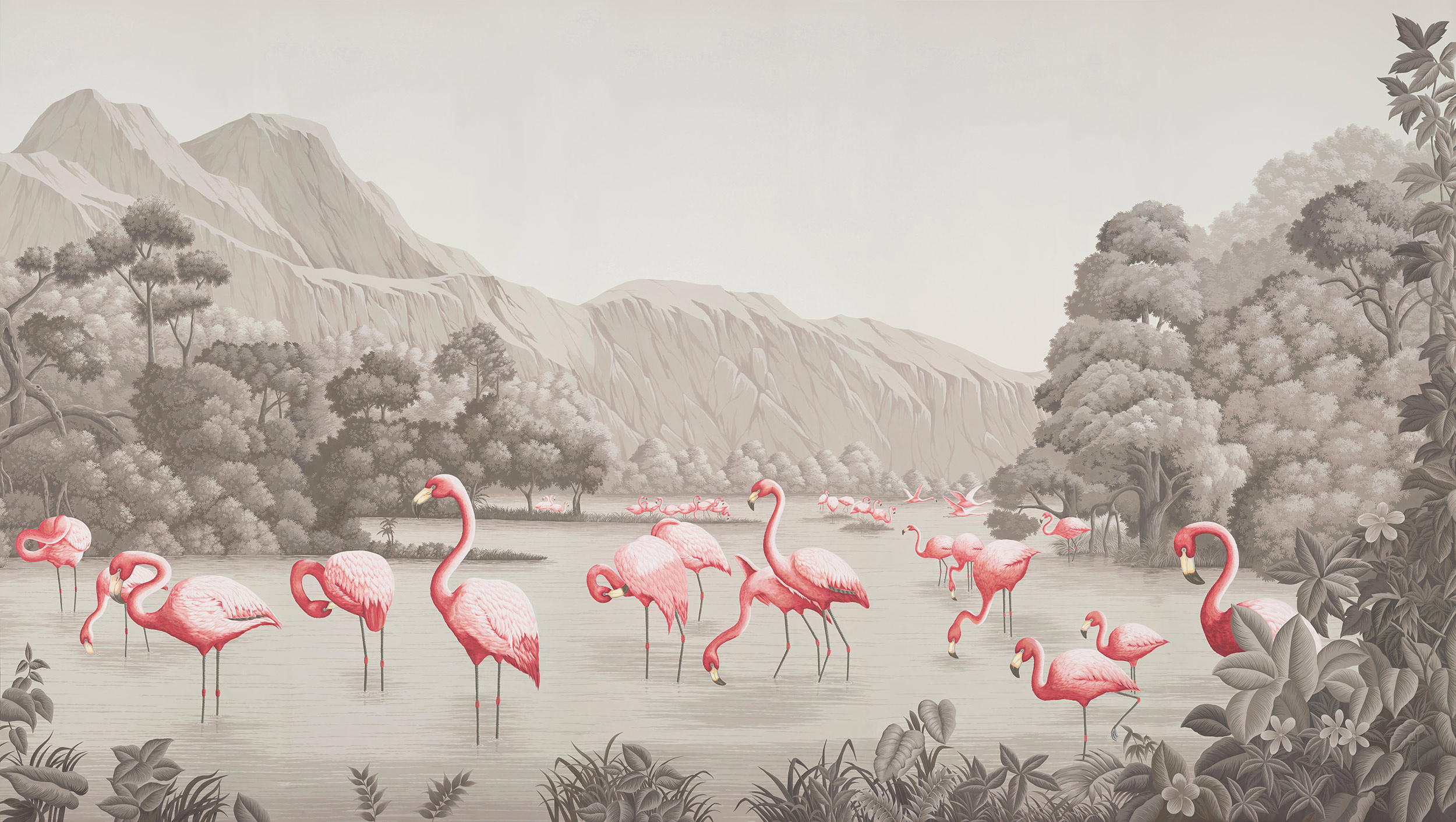 Обои ручная роспись Flamingos Flamingo on Eau Forte scenic paper Обои ручная роспись Flamingos Flamingo on Eau Forte scenic paper - постер Loft-Concept в Омске
